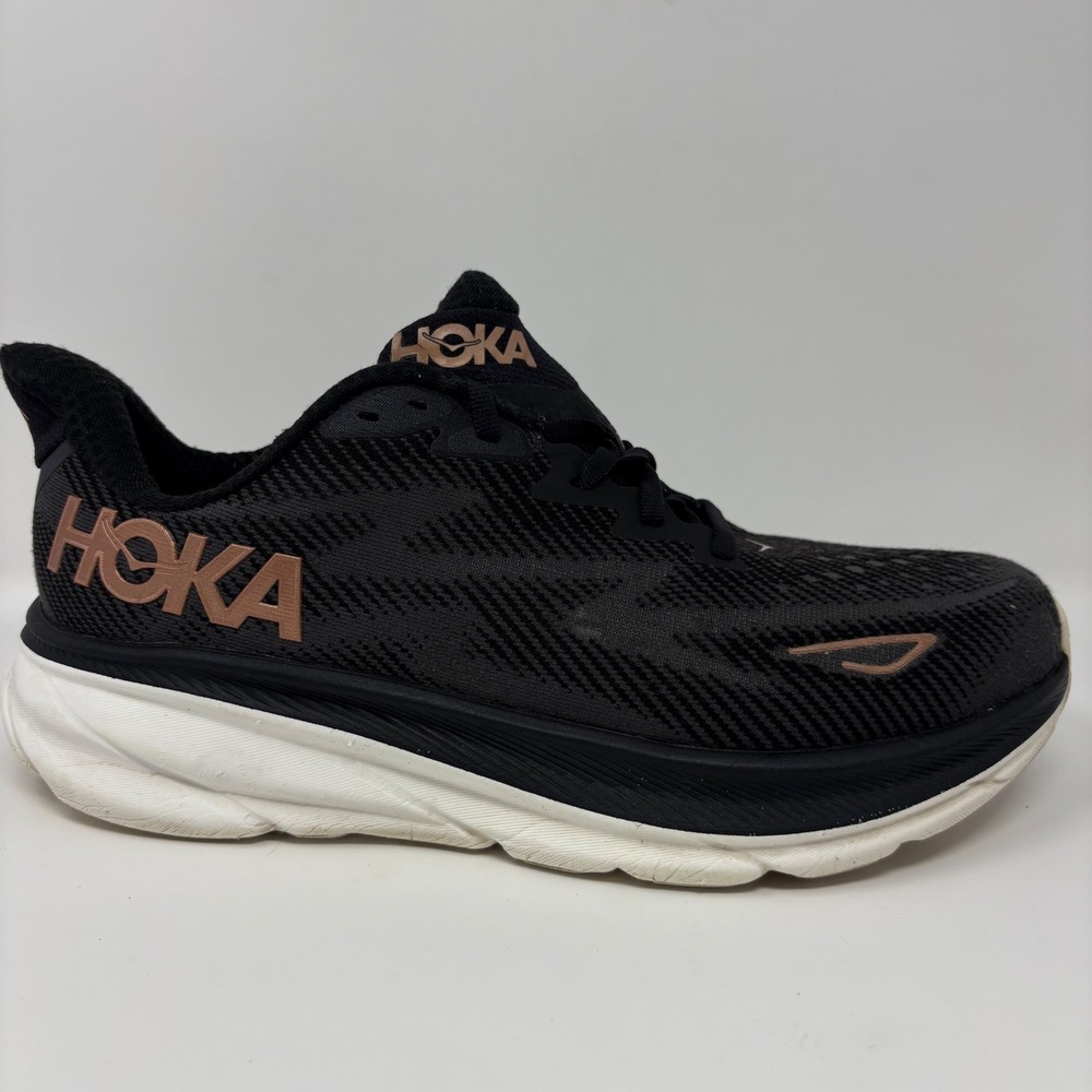 Hoka Clifton 9 Womens Size 9.5D Wide Black Rose Gold Running Shoes